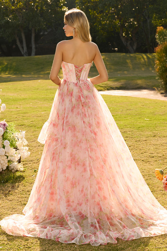 Sparkly Floral Pink A Line Beaded Ruffled Long Corset Prom Dress