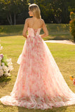 Sparkly Floral Pink A Line Beaded Ruffled Long Corset Prom Dress
