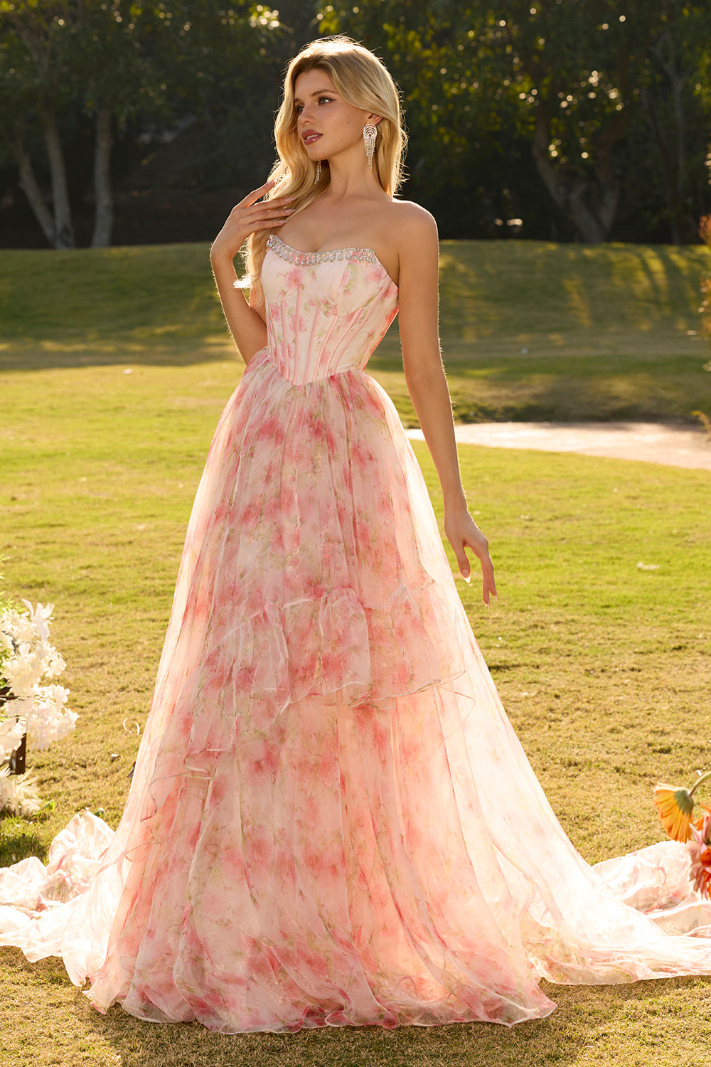 Sparkly Floral Pink A Line Beaded Ruffled Long Corset Prom Dress