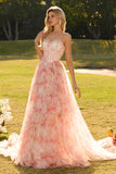 Sparkly Floral Pink A Line Beaded Ruffled Long Corset Prom Dress