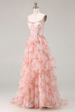 Sparkly Floral Pink Beaded A Line Long Corset Prom Dress with Ruffles