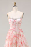 Sparkly Floral Pink Beaded A Line Long Corset Prom Dress with Ruffles