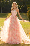 Sparkly Floral Pink A Line Beaded Ruffled Long Corset Prom Dress