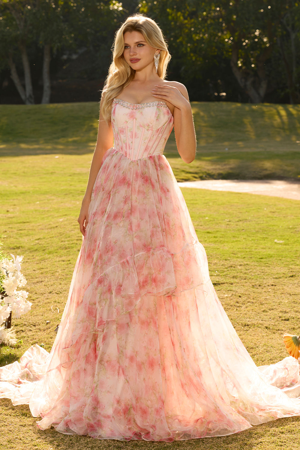 Sparkly Floral Pink A Line Beaded Ruffled Long Corset Prom Dress