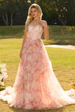 Sparkly Floral Pink A Line Beaded Ruffled Long Corset Prom Dress