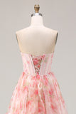 Sparkly Floral Pink Beaded A Line Long Corset Prom Dress with Ruffles