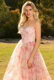 Sparkly Floral Pink A Line Beaded Ruffled Long Corset Prom Dress
