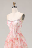 Sparkly Floral Pink Beaded A Line Long Corset Prom Dress with Ruffles