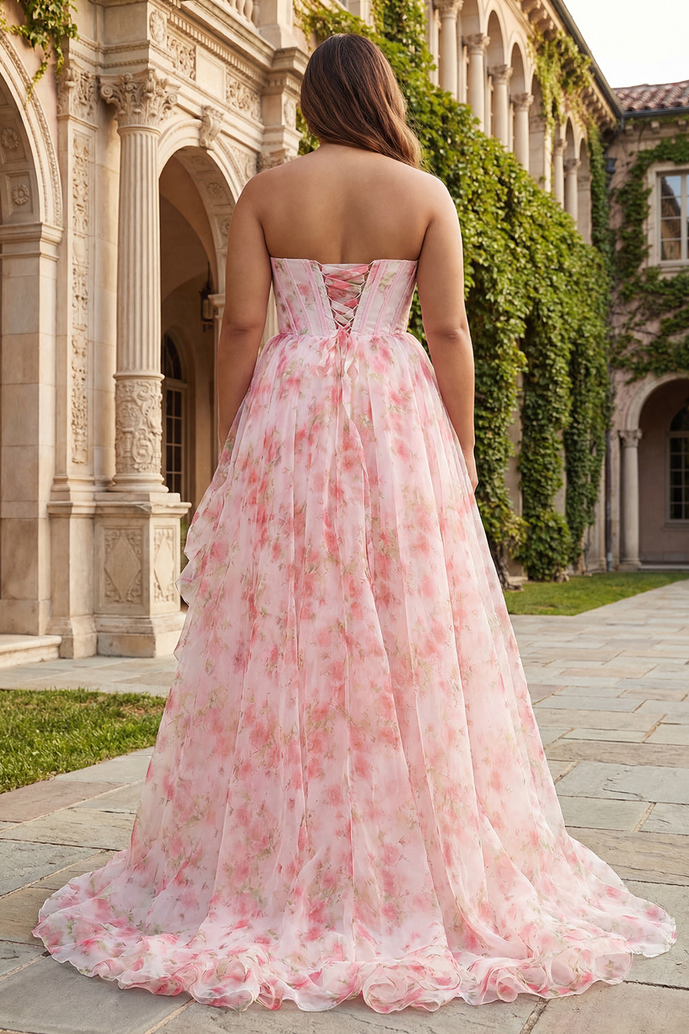Plus Size Sparkly Floral Pink Beaded A Line Long Corset Prom Dress with Ruffles