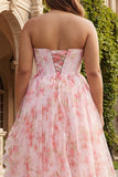 Plus Size Sparkly Floral Pink Beaded A Line Long Corset Prom Dress with Ruffles
