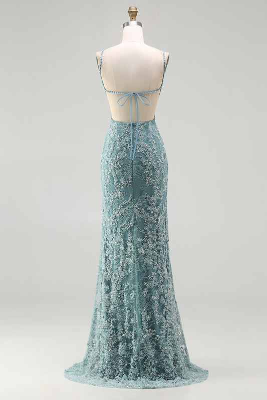 Sparkly Floral Grey Green Long Mermaid Beaded Prom Dress with Slit