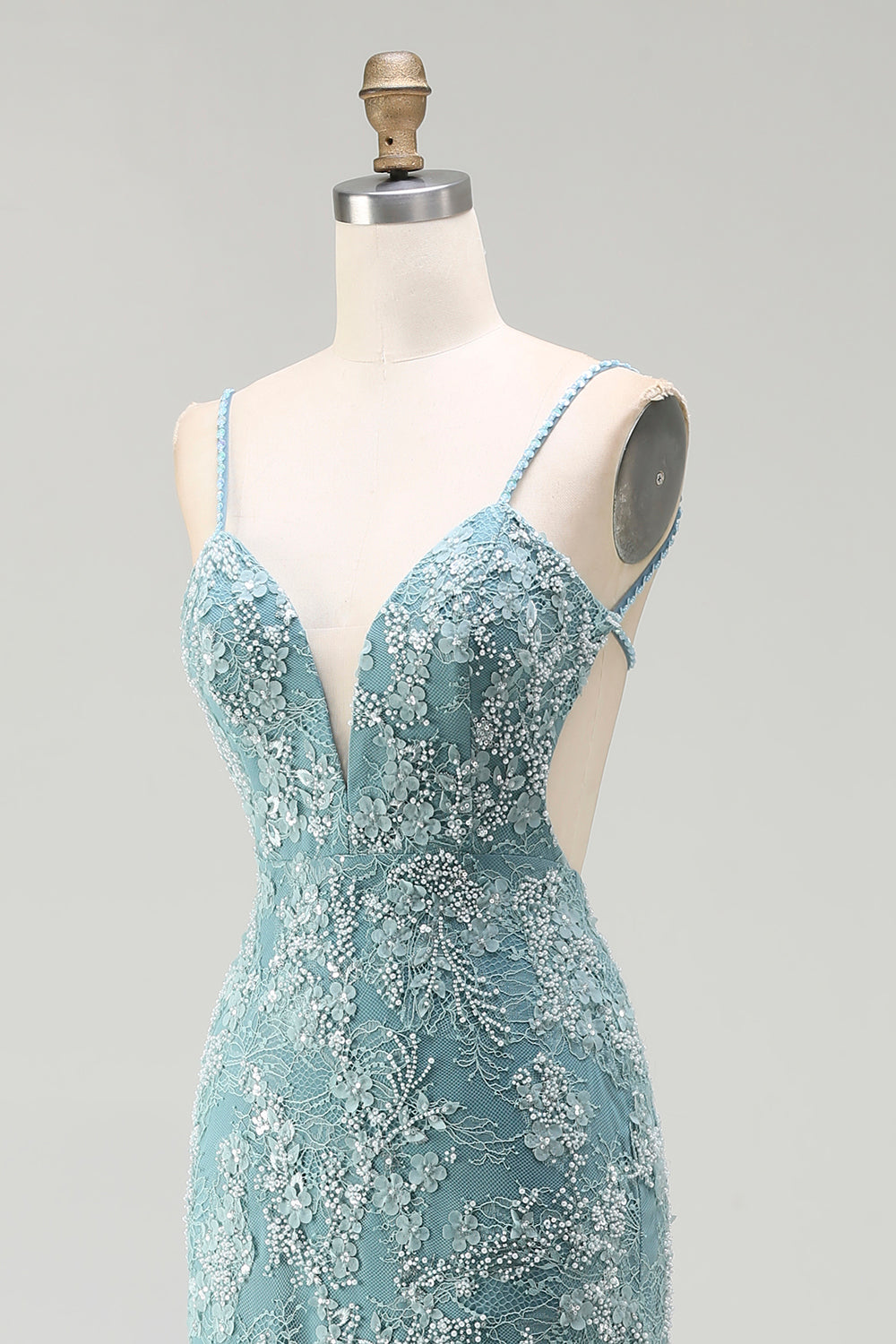 Sparkly Floral Grey Green Long Mermaid Beaded Prom Dress with Slit