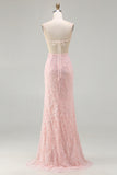 Sparkly Floral Pink Long Mermaid Beaded Prom Dress with Slit
