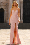 Sparkly Pink Floral Mermaid Beaded Long Prom Dress with Slit