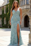 Plus Size Sparkly Floral Grey Green Long Mermaid Beaded Prom Dress with Slit
