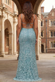 Plus Size Sparkly Floral Grey Green Long Mermaid Beaded Prom Dress with Slit