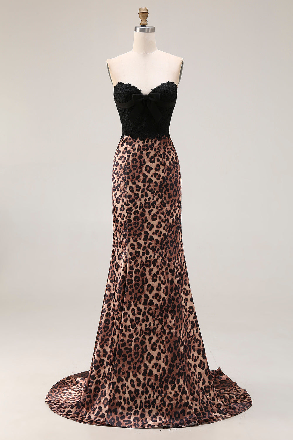 Brown Leopard Print Sweetheart Mermaid Long Prom Dress with Bow