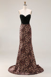 Brown Leopard Print Sweetheart Mermaid Long Prom Dress with Bow