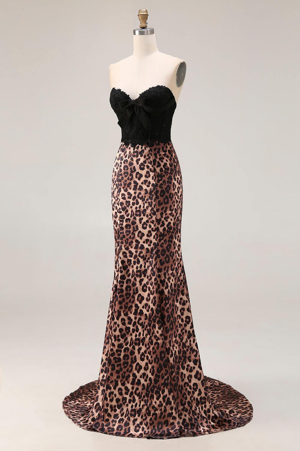 Brown Leopard Print Sweetheart Mermaid Long Prom Dress with Bow