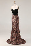 Brown Leopard Print Sweetheart Mermaid Long Prom Dress with Bow