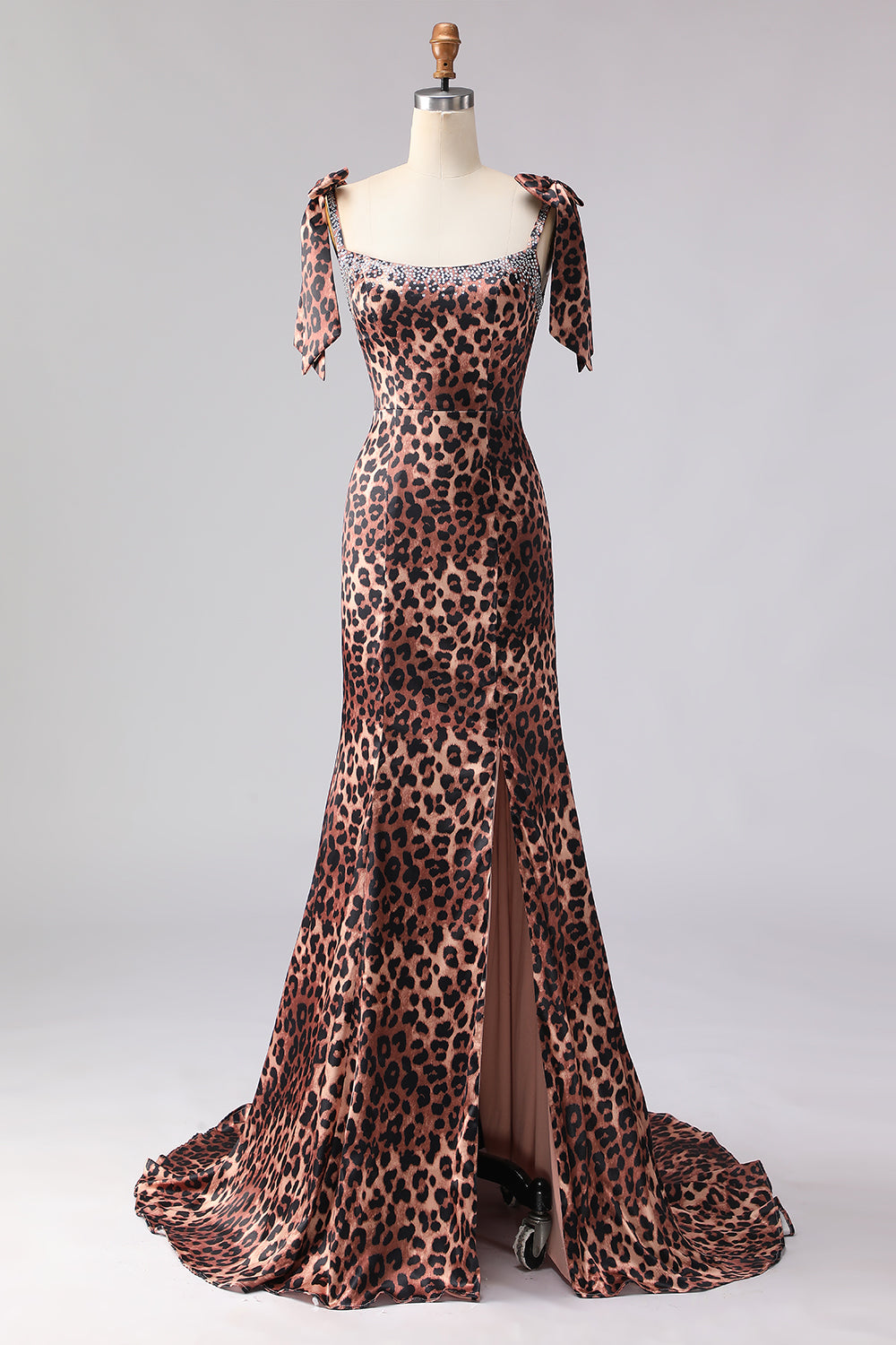 Brown Leopard Print Mermaid Beaded Satin Long Prom Dress with Bows