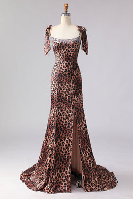 Sparkly Brown Leopard Print Beaded Long Prom Dress with Bows