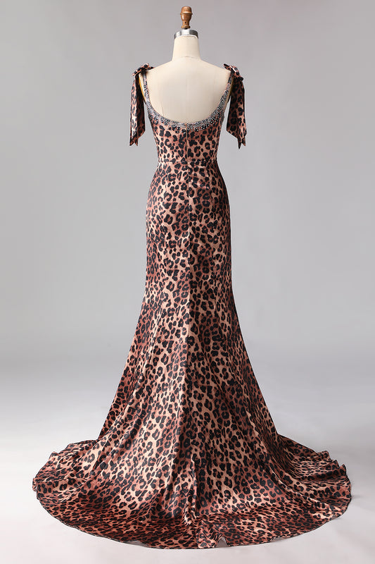 Sparkly Brown Leopard Print Beaded Long Prom Dress with Bows
