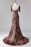 Brown Leopard Print Mermaid Beaded Satin Long Prom Dress with Bows