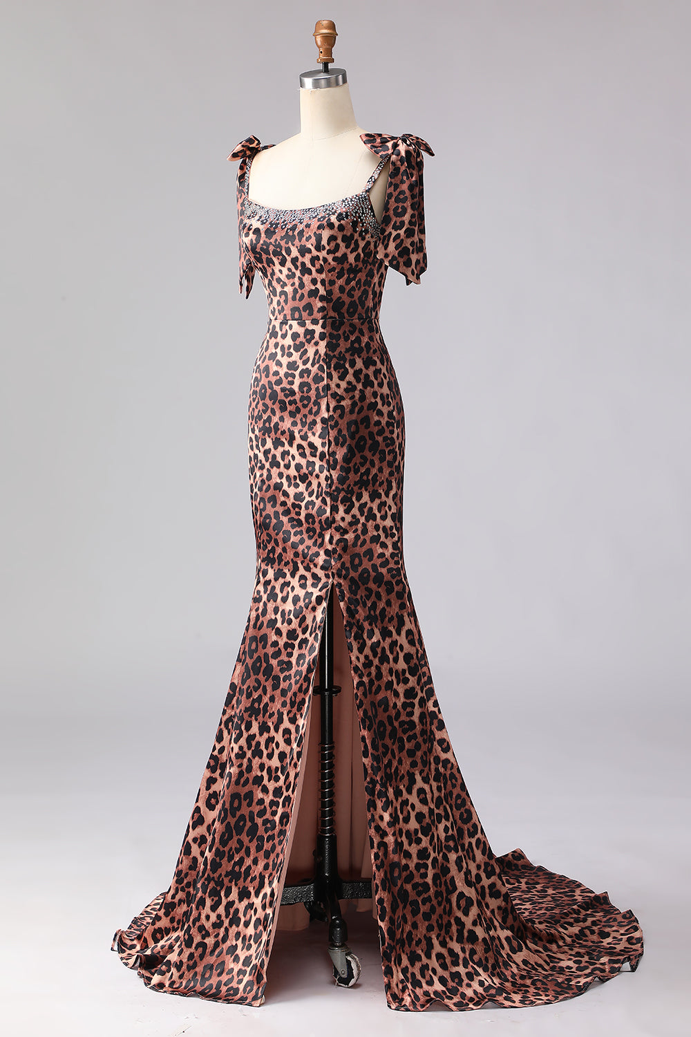 Sparkly Brown Leopard Print Beaded Long Prom Dress with Bows