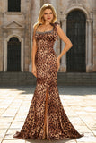 Brown Leopard Print Mermaid Beaded Satin Long Prom Dress with Bows