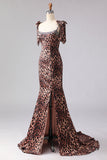 Sparkly Brown Leopard Print Beaded Long Prom Dress with Bows