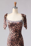 Sparkly Brown Leopard Print Beaded Long Prom Dress with Bows