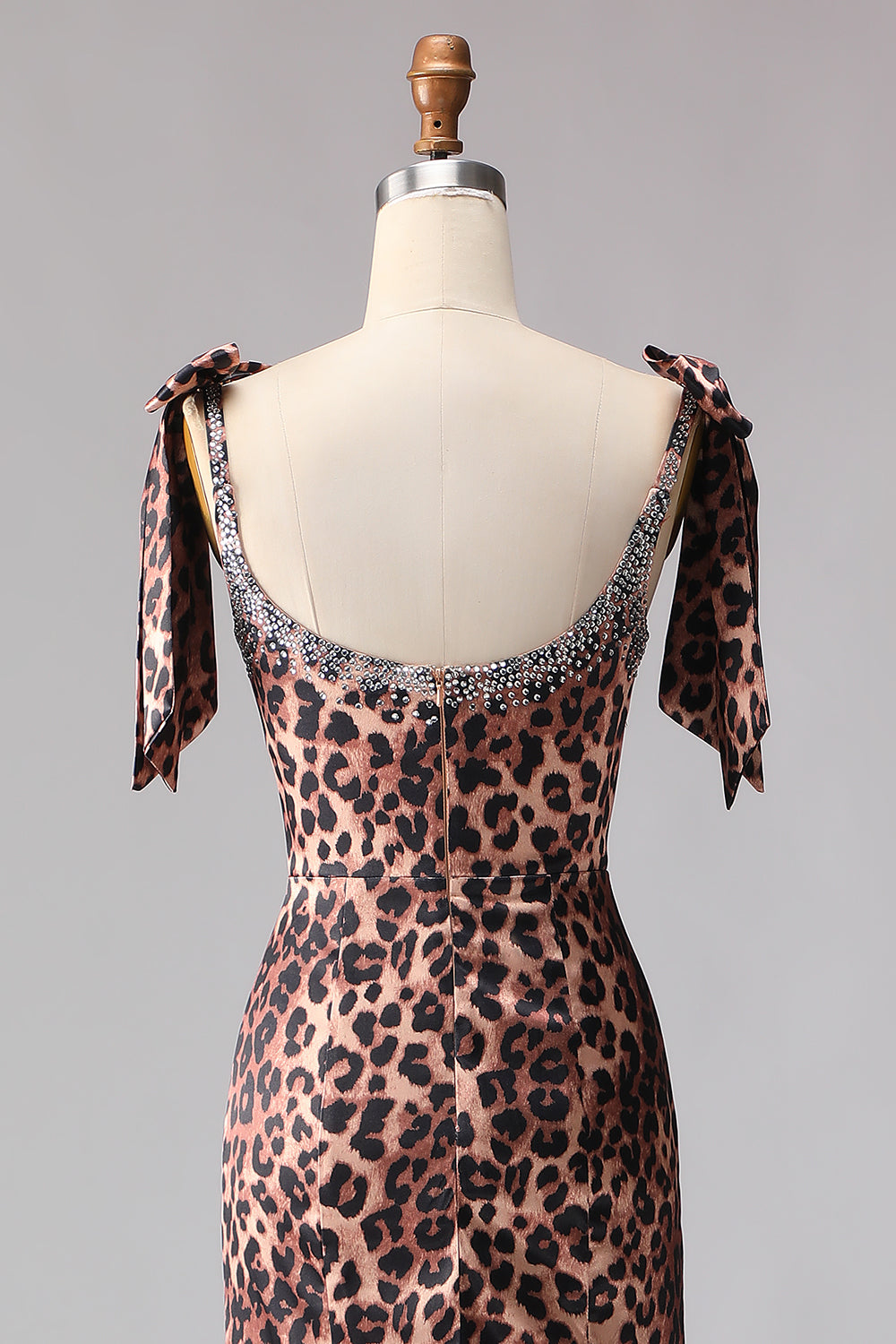 Sparkly Brown Leopard Print Beaded Long Prom Dress with Bows