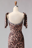 Sparkly Brown Leopard Print Beaded Long Prom Dress with Bows