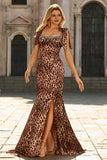 Brown Leopard Print Mermaid Beaded Satin Long Prom Dress with Bows