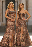 Brown Leopard Print Mermaid Beaded Satin Long Prom Dress with Bows