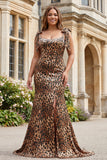 Sparkly Brown Plus Size Leopard Print Beaded Long Prom Dress with Bows