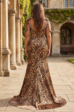 Sparkly Brown Plus Size Leopard Print Beaded Long Prom Dress with Bows