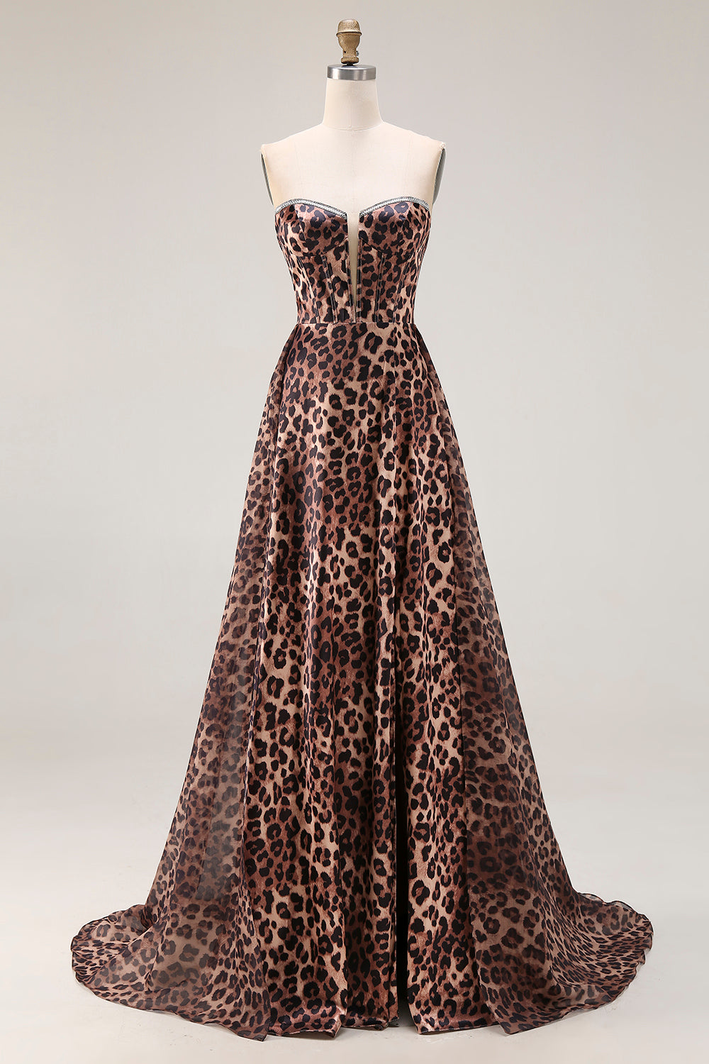 Brown Leopard Print Strapless A Line Long Corset Prom Dress