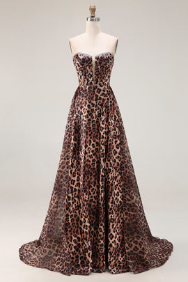 Brown Leopard Print Strapless A Line Long Corset Prom Dress