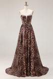 Brown Leopard Print Strapless A Line Long Corset Prom Dress