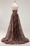 Brown Leopard Print Strapless A Line Long Corset Prom Dress