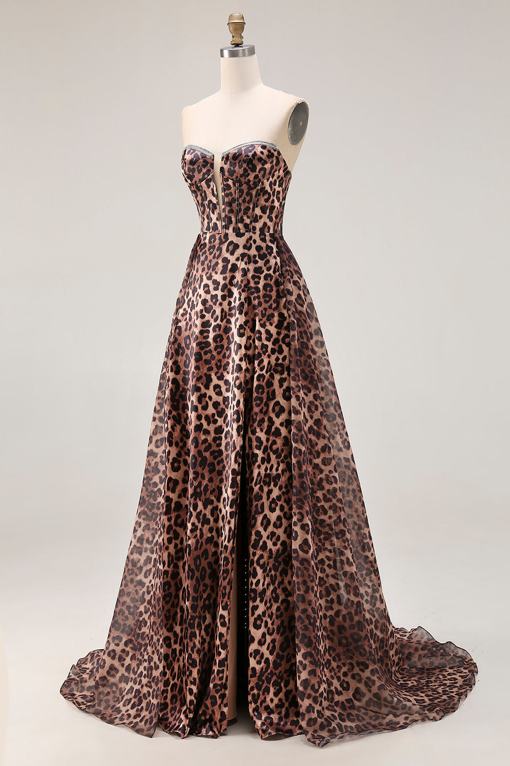 Brown Leopard Print Strapless A Line Long Corset Prom Dress