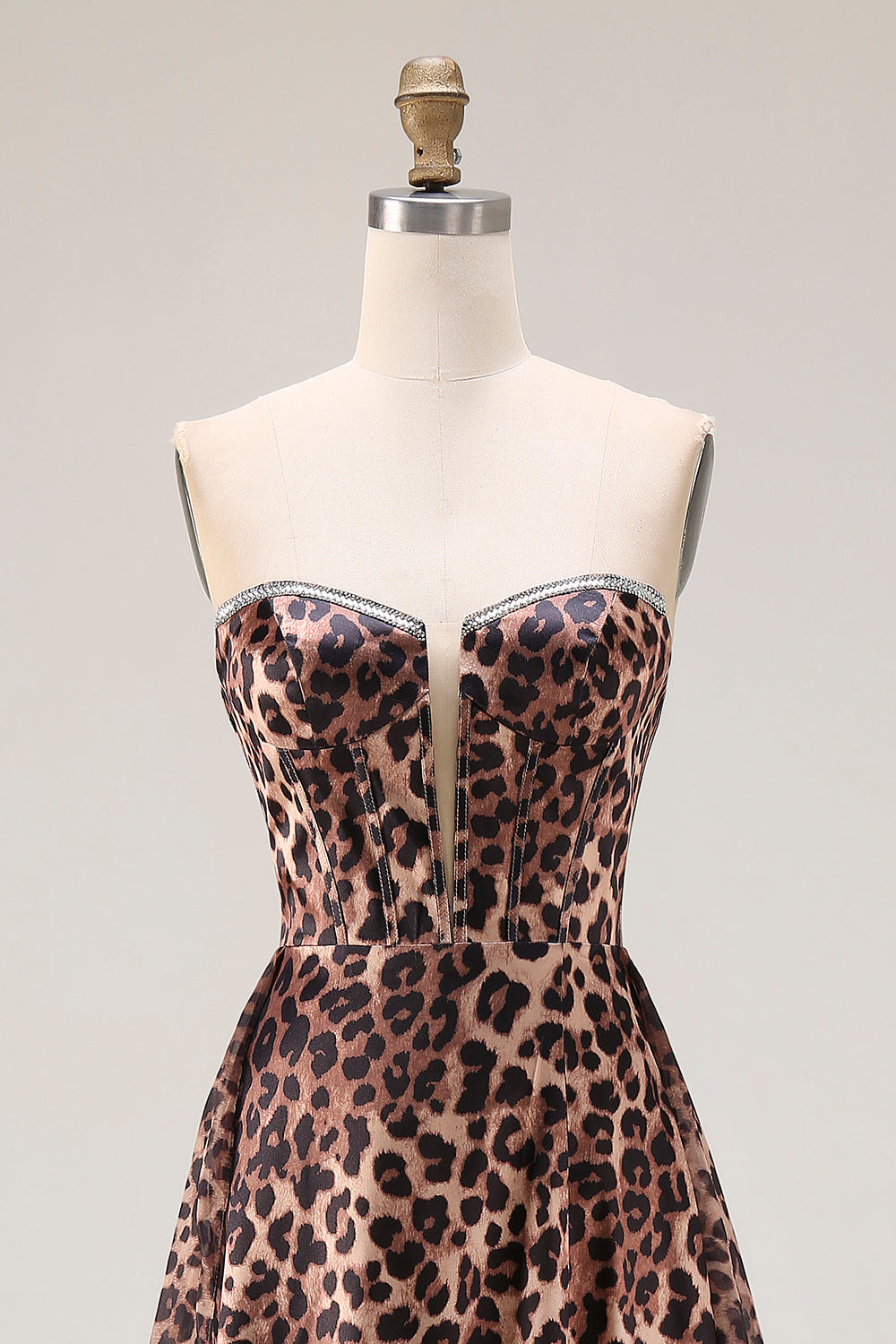 Brown Leopard Print Strapless A Line Long Corset Prom Dress