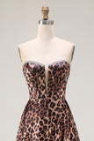 Brown Leopard Print Strapless A Line Long Corset Prom Dress