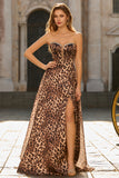 Brown Leopard Print A Line Strapless Long Corset Prom Dress