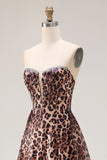 Brown Leopard Print Strapless A Line Long Corset Prom Dress