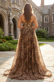 Plus Size Brown Leopard Print Strapless A Line Long Corset Prom Dress