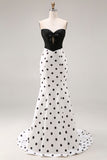 Black and White Polka Dots Sweetheart Mermaid Long Corset Prom Dress
