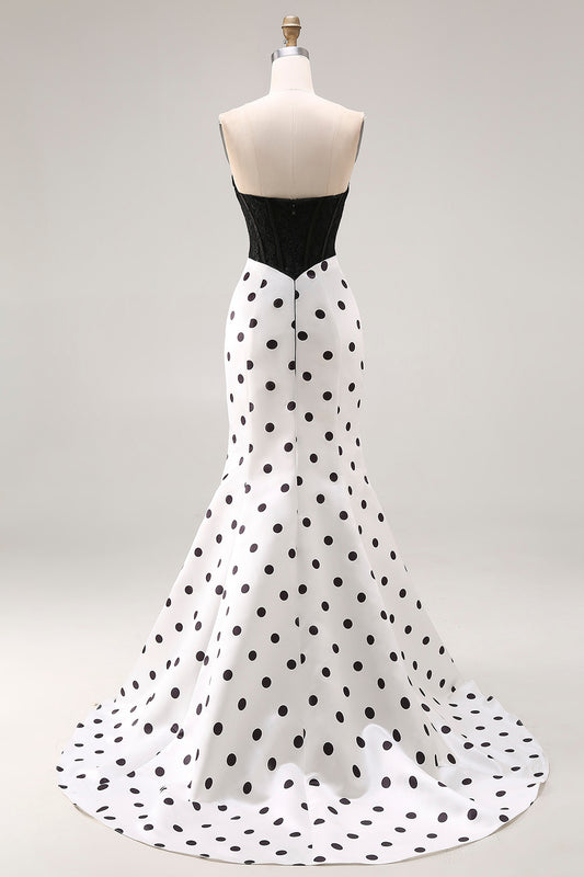 Black and White Polka Dots Sweetheart Mermaid Long Corset Prom Dress